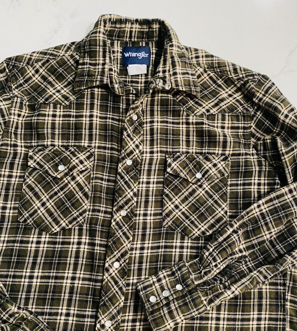 Vintage Wrangler Green Plaid Pearl Snap Western Flannel Long Sleeve Shirt Mens L